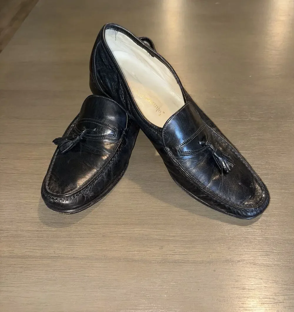 Johnston & Murphy Mens Sz 9.5 M Black Leather Tassel Loafers Shoes Italy